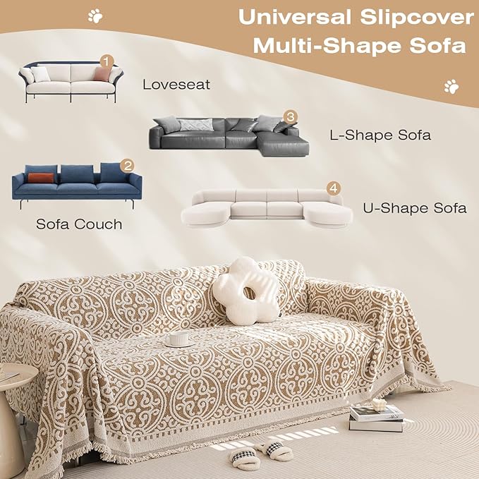 STACYPIK Khaki French Jacquard Couch Covers Thickened Boho L Shape Sofa Covers Soft Pets Protector for 3 Cushion Couch Washable Dogs Cats Couch Protector Cover Non Slip Throw Blanket-71X134IN