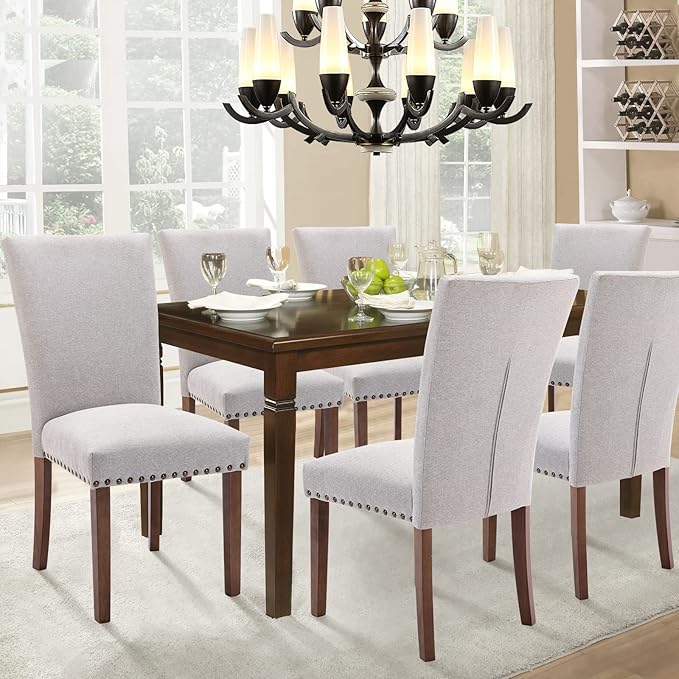Parsons Dining Chairs Set of 4, Upholstered Nailhead Dining Room Kitchen Side Chair with Thick Cushions and Wood Legs, Light Grey