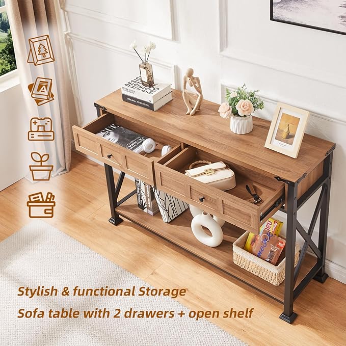 HOMBAZAAR Entryway Table,Rustic Console Table with 2 Drawers, Industrial Console Tables with Storage for Entryway, Hallway, Living Room,Brown,47 Inch