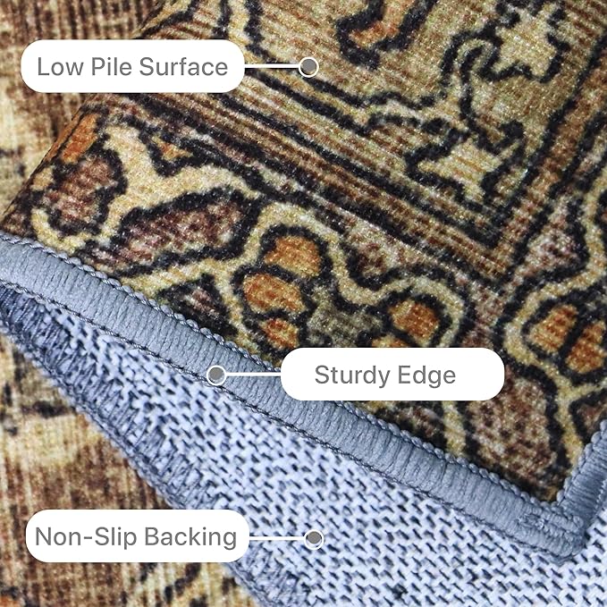 10X12 Area Rugs Machine Washable Rugs for Living Room, Vintage Boho Large Rugs for Bedroom Dining Room, Non Slip Indoor Soft Distressed Lightweight Thin Low Pile Carpet, Rustic Brown