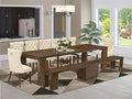 X07DA-B08-32 - 9 Pieces Dining Table Set contains an Extendable Rectangle Kitchen Table, 7 Polyester Fabric Dining Chairs and 1 Modern Bench, 39x120 Inch, Antique Walnut