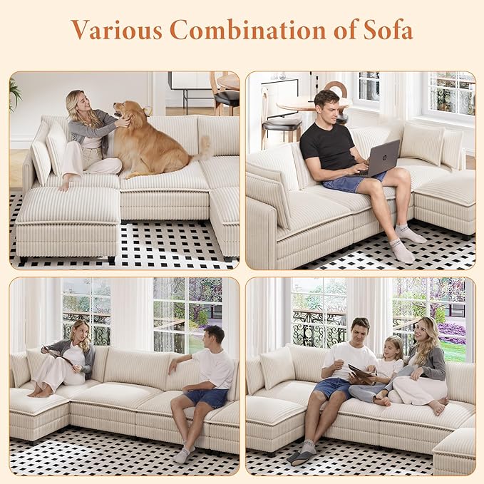 Vesgantti 109" U Shaped Cloud Sectional Sofa, Comfy Corduroy Upholstered Sectional Modular Sofas for Living Room, Modern Modular Couch with 2 Ottoman Deep Seat, Beige