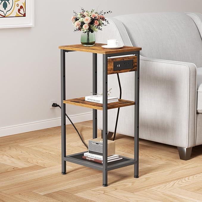 Tall End Table with Fast Charging Station, 3 Tier Narrow Side Table with Outlets and USB Ports & Type-C, Nightstand with Storage, Bedside Table Stand for Bedroom, Living Room, Rustic Brown