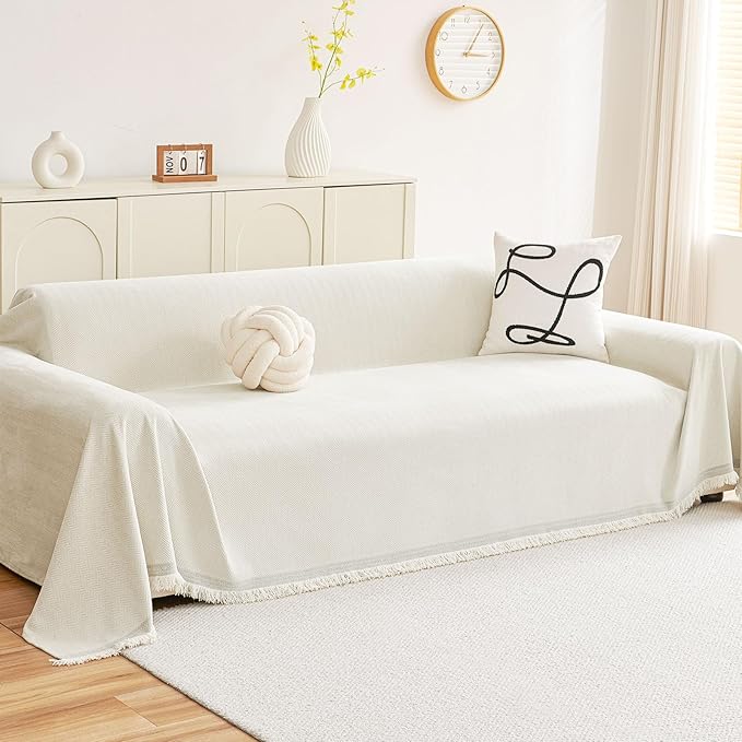 hyha Couch Cover for Dogs, Boho Sofa Covers for 3 Cushion Couch Washable, Chenille Sofa Slipcover for Pets, Soft Loveseat Sectional Couch Throw Blankets with Tassels (Beige, 71x150 Inch)