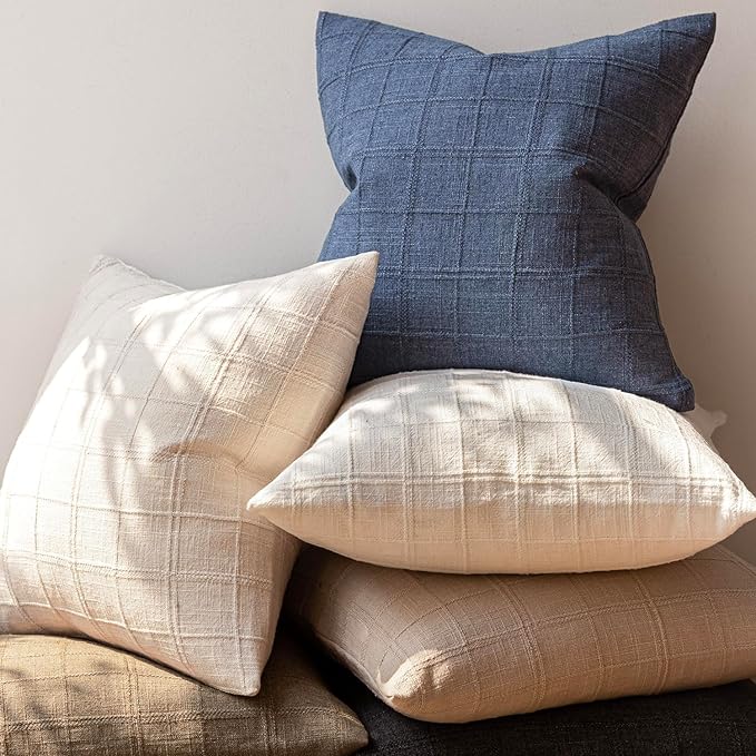 Foindtower Set of 2 Decorative Linen Check Throw Pillow Covers Neutral Farmhouse Vintage Cushion Covers Modern Coastal Boho Home Decor for Sofa Chair Couch Bedroom Living Room Outdoor,26×26 Inch,Blue