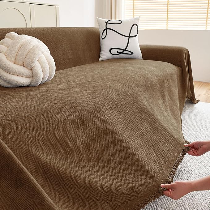 hyha Couch Cover for Dogs, Boho Sofa Covers for 3 Cushion Couch Washable, Chenille Sofa Slipcover for Pets, Soft Loveseat Sectional Couch Throw Blankets with Tassels (Chocolate, 71x150 Inch)