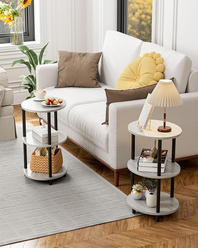 Small Round Side Table - 3-Tier Oval Accent Table for Small Spaces, Rustic Wood and Metal Couch End Table, Nightstand for Bedroom or End Table Living Room, Set of 2, Greige