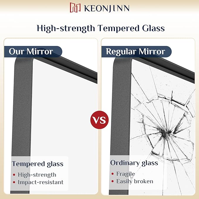 Keonjinn Black Bathroom Mirror for Over Sink, 60” x 28” Large Rounded Rectangle Bathroom Vanity Mirror, Matte Black Modern Decorative Framed Mirror, Anti-Rust, HD Tempered Glass(Horizontal/Vertical)