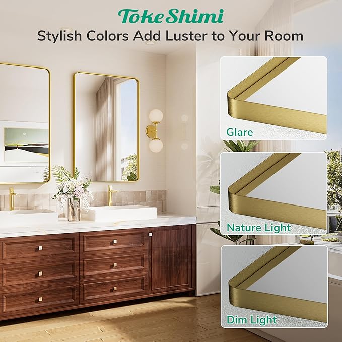 TokeShimi Gold Bathroom Mirror 22x30,HD Tempered Glass,Brushed Gold Bathroom Vanity Mirror for Over Sink,Aluminum Framed Mirror Wall(Horizontal/Vertical)