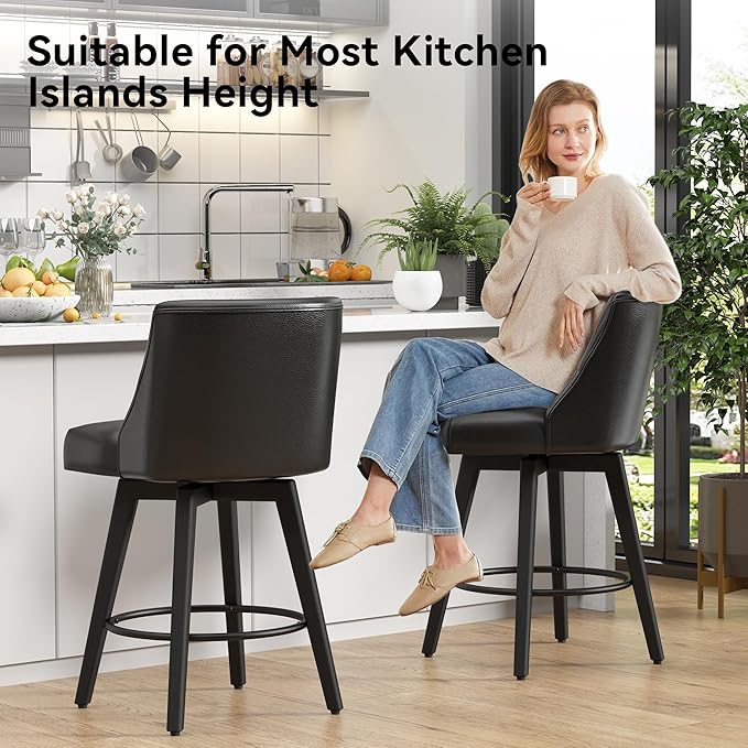 Vipbear Swivel Counter Height Bar Stools Set of 6,26.8" H Counter Stools with Back, Mid Century Modern Bar Stools for Kitchen Island,Faux Leather,Wooden Base, Black