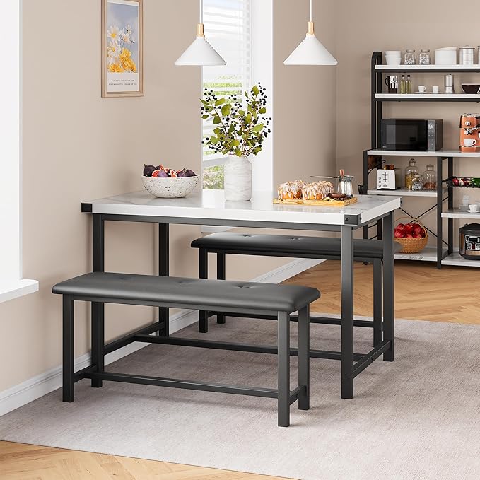 Dining Table Set for 4, Kitchen Table with 2 Upholstered Benches, 3-Piece Dining Room Set for Kitchen, Apartment and Small Spaces, Marble White
