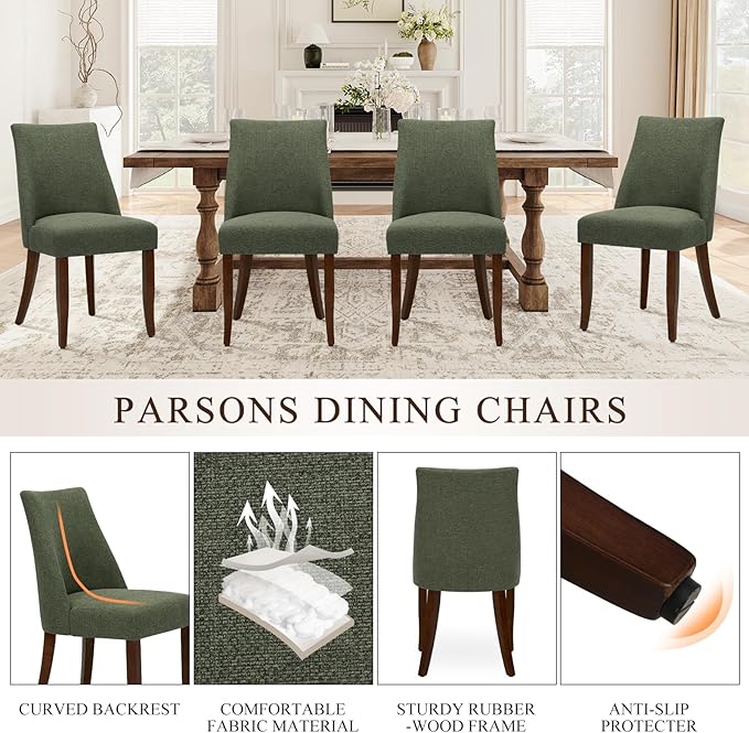 COLAMY Upholstered Dining Chairs Set of 6, Mid Century Modern Kitchen Chairs with Back, Farmhouse Fabric Side Dining Room Chairs with Wood Legs for Dining Room Restaurant, Green