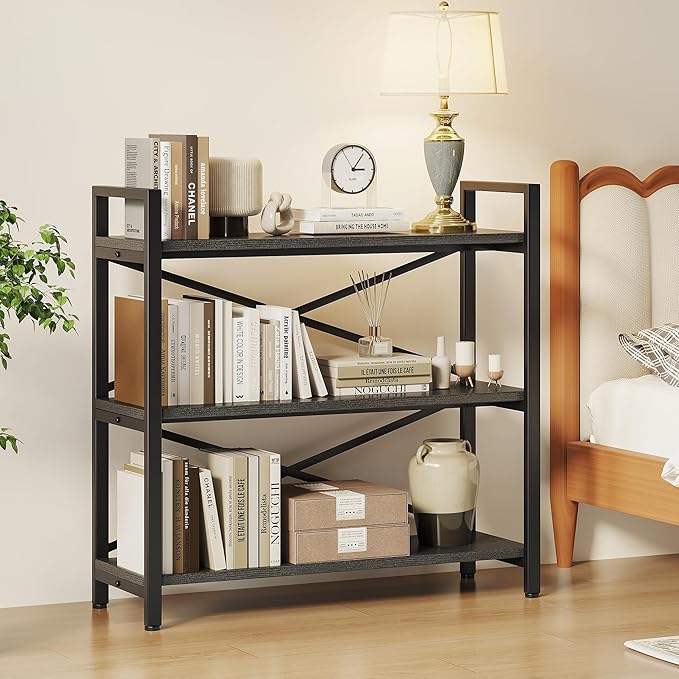 Homeiju 3 Tier Bookshelf 31.49" Width, Wood and Metal Etagere Bookcase, Vintage Farmhouse Modern Wooden Big Book Shelf for Home Living Room Bedroom Office Storage(Grey)