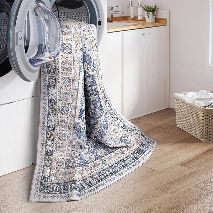 zesthome 8x10 Area Rugs for Living Room,Non-Slip Backing Washable Rugs,Vintage Large Area Rug,Stain Resistant Home Decor Rug (Blue/Beige,8'x10')