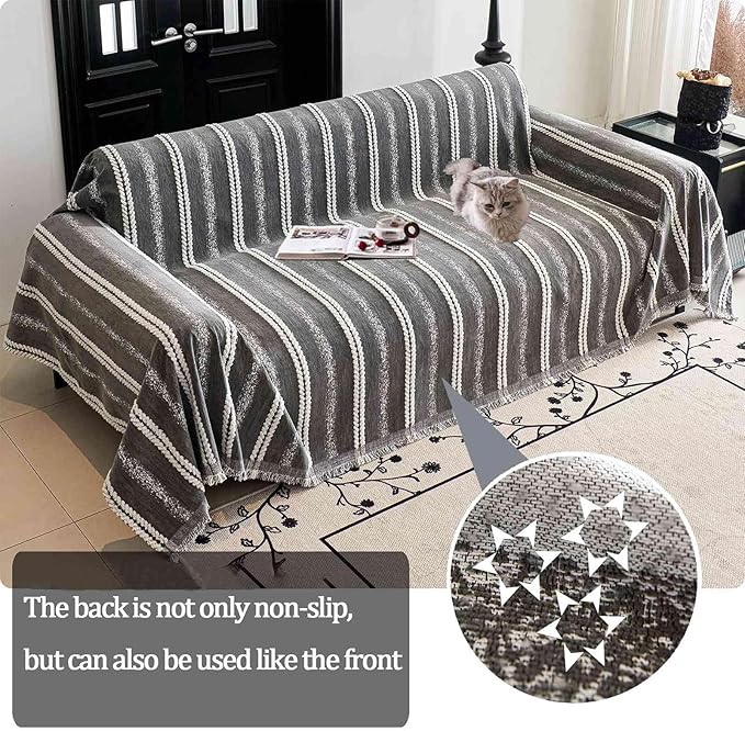 Couch Cover for Dogs Washable Sofa Cover, Sectional Couch Covers, Sofa Covers for 2 Cushion Couch, Non Slip Stripe Sofa Slipcovers Furniture Protector, Couch Protector from Cat Claws, Grey,71''x134''