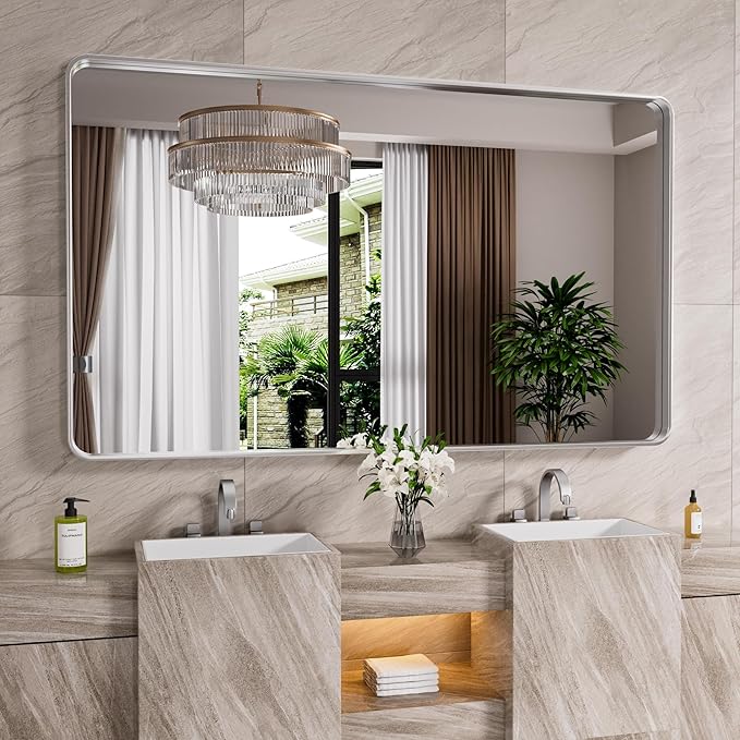 Brushed Nickel Bathroom Mirror 72x32 Inch, Brushed Silver Metal Frame Mirror Wall Mounted, Rounded Rectangle Bathroom Vanity Mirror, Tempered Glass, Anti-Rust, Horizontal/Vertical
