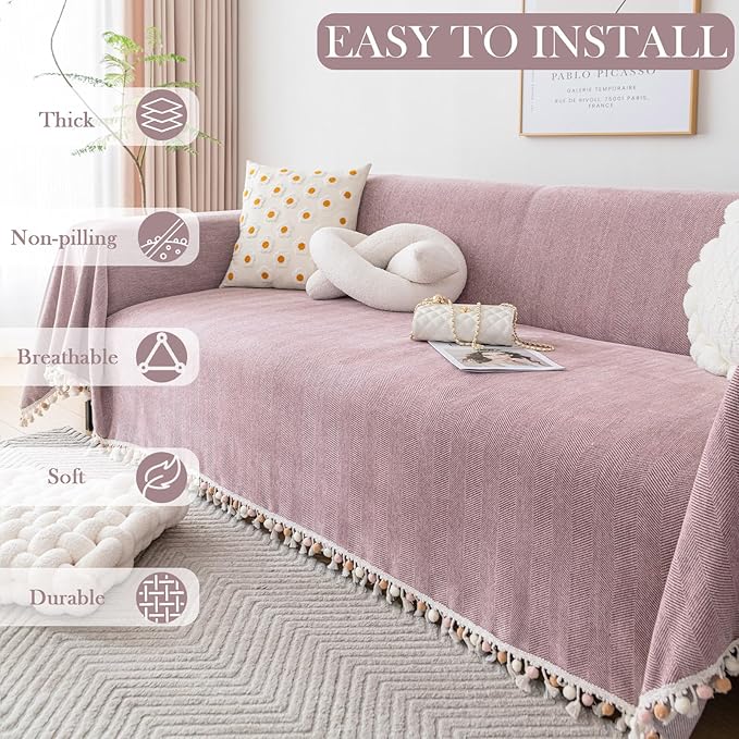 HANDONTIME Soild Couch Covers for Dogs Pink-Purple Sofa Covers Boho Cover for Sofa 3 Seats Chenille Sofa Throw Cover Mauve Sofa Covers for 3 Cushion Couch Tassel,Washable, Pet Friendly, 71" X134"