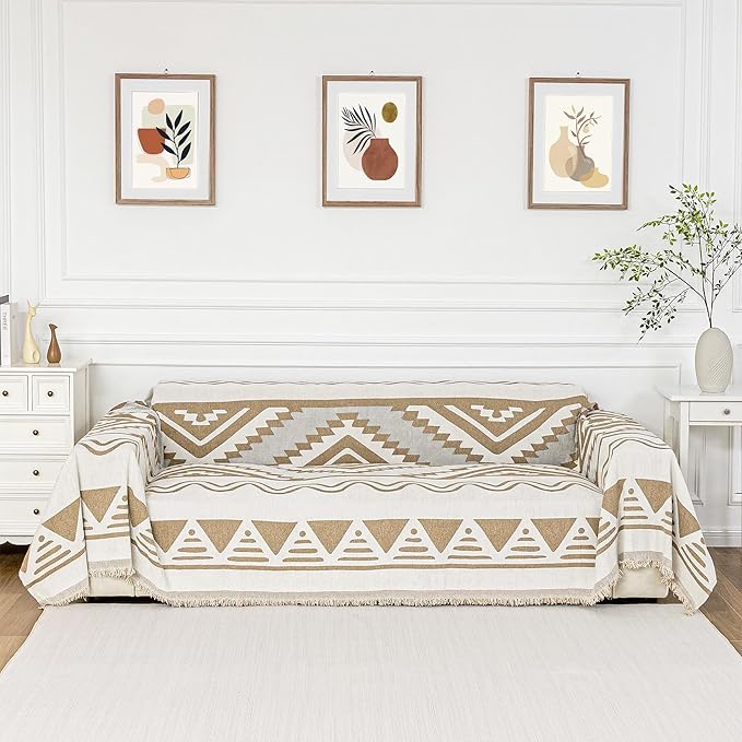 MYSKY HOME Boho Couch Cover for Dogs Washable Khaki Rhombic Couch Sofa Protector for Loveseat Sofa with Pets Friendly Chenille Geometric Sofa Covers Soft Durable Farmhouse Sofa Slipcovers, 71" X102"