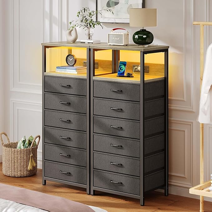 Seventable Night Stand with Charging Station, Tall Nightstand with 6 Fabric Storage Drawers, Side Table with LED Light for Bedroom, Entryway, Greige, Set of 2