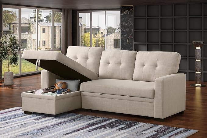 Ball & Cast Sleeper Sofa Couch with Pull Out Bed,L Shaped Sleeper Sofa with Storage,Sectional Sleeper Couch,Convertible Sleeper Sectional Sofa W/Reversible Chaise & Back Cushion,for Living Room,Office