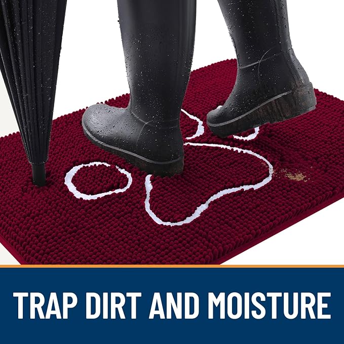 OLANLY Door Mat for Muddy Dog Paws 59x35, Ultra Absorbent Chenille Mud Doormat with Paw Print Design, Non-Slip Washable Doormat for Indoor Entryway, Quick-Dry Pet Bed Mats for Dirty Dogs, Burgundy