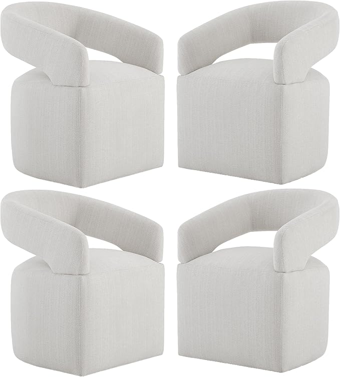 Upholstered Dining Chairs with Casters Modern Barrel Side Armchair with Rollers for Diningroom Bedroom Livingroom Reading Room, Linen, 4PCS