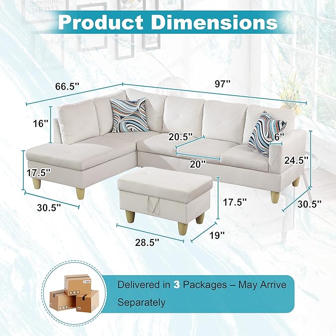 97" Oversized Sectional Couch, L Shaped Couch with Storage Ottoman, Modern Modular Sofa with Deep Seat, Sectional Couches for Living Room and Office, White (Flannel)