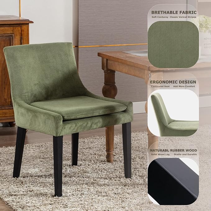COLAMY Modern Dining Chairs Set of 6, Upholstered Corduroy Accent Side Chairs with Mid Back and Wood Legs for Living Room/Dining Room- Light Green