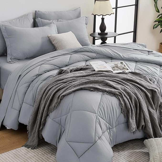 HEVUMYI Light Grey Twin Comforter Set - 5-Piece All Season Bed in a Bag Twin, Ultra Soft Bedding Set with Comforter, Flat Sheet, Fitted Sheet, Pillowcases, Pillow Shams, Light Gray