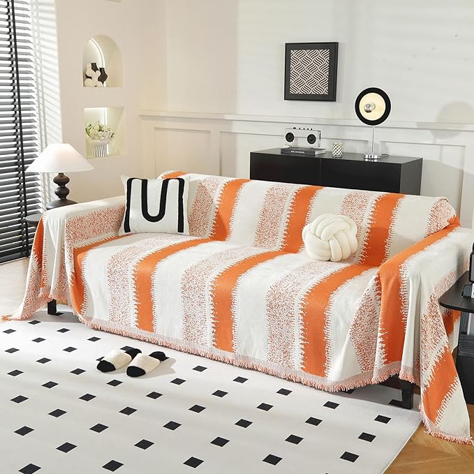LUFEIJIASHI Boho Couch Covers for Sofa Non Slip Sofa Covers Washable Couch Covers for 3 Cushion Couch Sofa Pet Friendly Sectional Couch Cover Blanket Furniture Protector for Dogs (Orange, 71"x150")