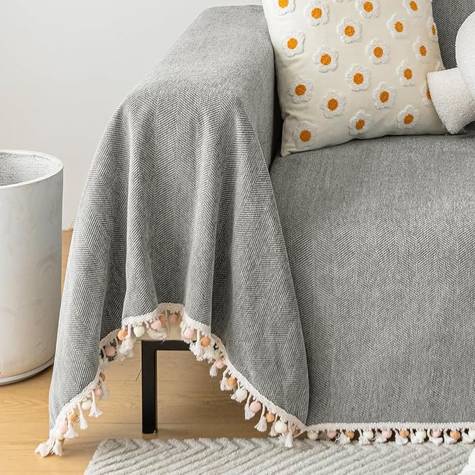 HANDONTIME Couch Slipcovers for Sofas - Dark Grey Couch Cover - Dog-Friendly Boho Pet Protector with Chenille Herringbone Pattern, 91" x 118" (2-3 Seat)