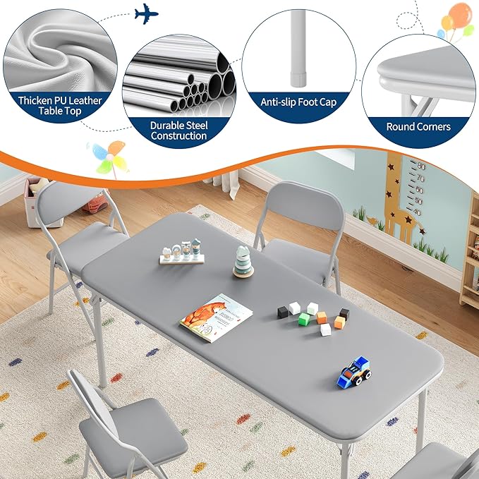 IDEALHOUSE 5 Piece Folding Kids Table and Chairs Set, Children's Activity Table and Chairs Set for Dining Room,Daycare,Classrooms