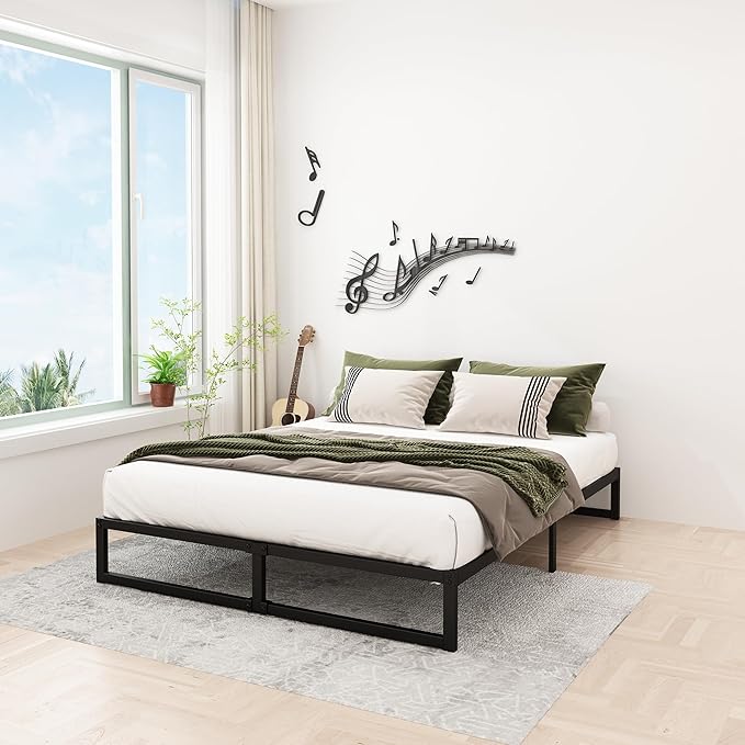 12 Inch Bed Frame Queen Size Heavy Duty Steel Slat Support Metal Platform Queen Bed Frame No Box Spring Needed, Easy Assembly, Black