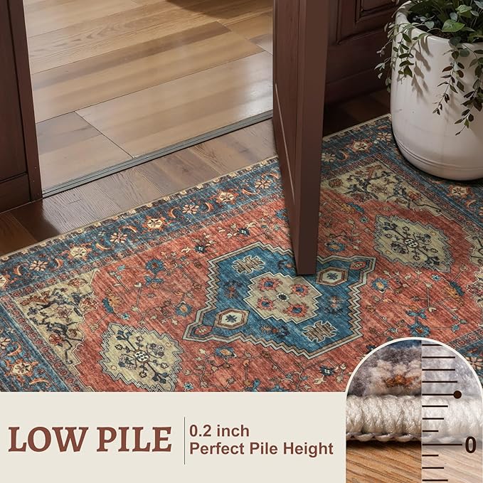 Tangsoo 2x6 Washable Runner Rug for Hallways, Non Slip Vintage Runner Rug, Soft Low Pile Long Rug Runner, Print Distressed Carpet Runners for Kitchen Bedroom Entryway Bathroom Living Room Terracotta
