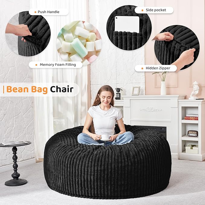 HABUTWAY 4FT Bean Bag Chair, 4' Large Bean Bag Chairs for Adults with Removable Stripe Plush Cover, Memory Foam Beanbag Chair for Living Room Bedroom Dorm (Black)