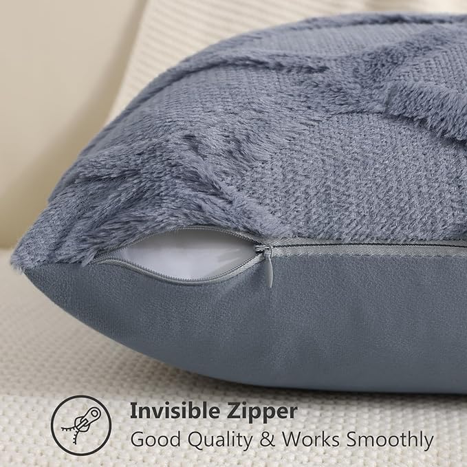 decorUhome Throw Pillow Covers 24x24 Inch Set of 2, Soft Plush Faux Fur Wool Blue Grey Couch Pillow Covers, Decorative Neutral Pillow Cases for Bed Sofa Living Room Home Decor