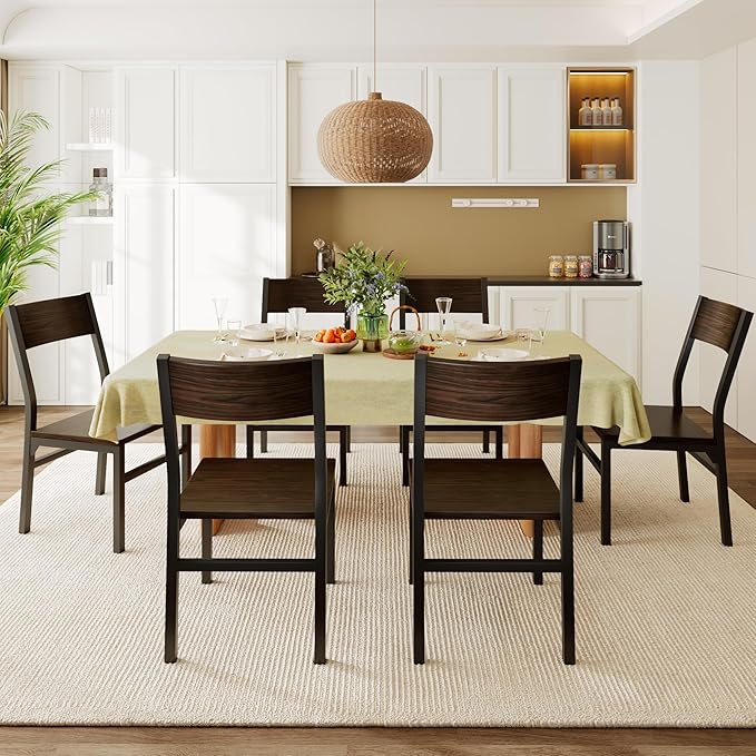 Feonase Dining Chairs Set of 6, Modern Kitchen Chairs with Ergonomic Backrest, MDF Board and Metal Legs, Dinner Chairs for Dining Room, Kitchen and Living Room, Espresso