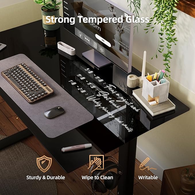 INNOVAR Glass Standing Desk with Drawers, 55×24 Inch Adjustable Stand Up Desk, Quick Install Home Office Computer Desk, Black