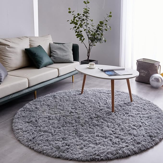 FJZFING Grey Round Rug Ultra-Soft Plush Modern 7x7 Circle Area Rug for Kid's Bedroom, Fluffy Shag Circular Rug for Nursery Room, Non-Slip Home Decor Cute Grey Carpet for Teen's Room