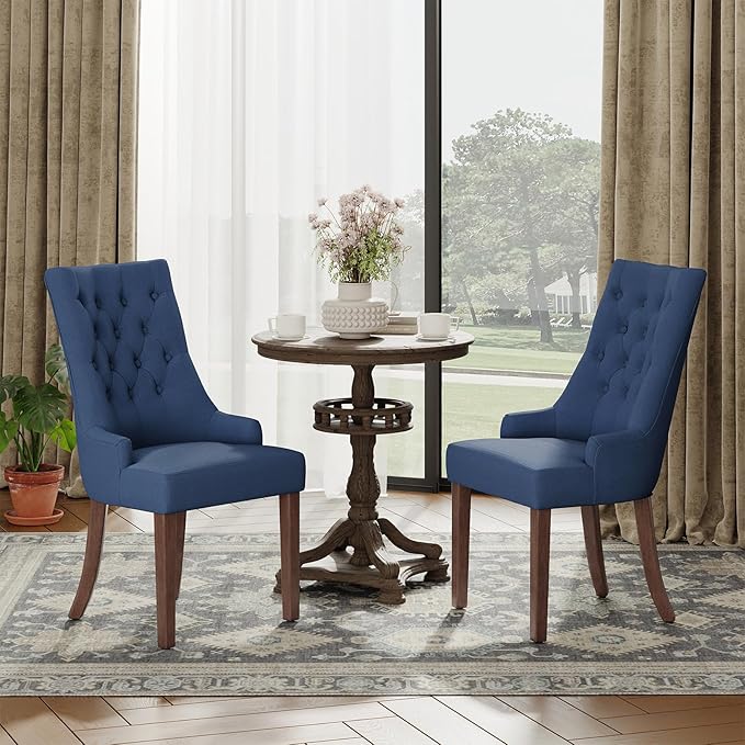 COLAMY Wingback Upholstered Side Dining Room Chairs Set of 6, Fabric Dining Chairs with Tufted Button, Living Room Chairs for Home Kitchen, Blue