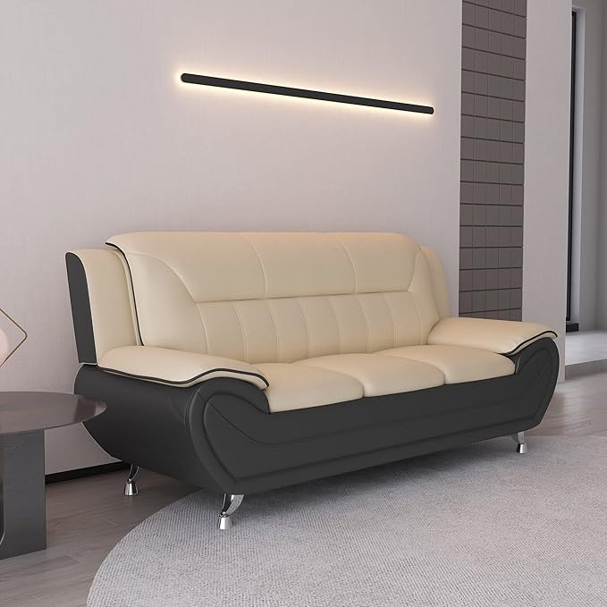 Container Furniture Direct Michael Modern Faux Leather Upholstered Stainless Steel Legs Living Room Sofa, Black Camel