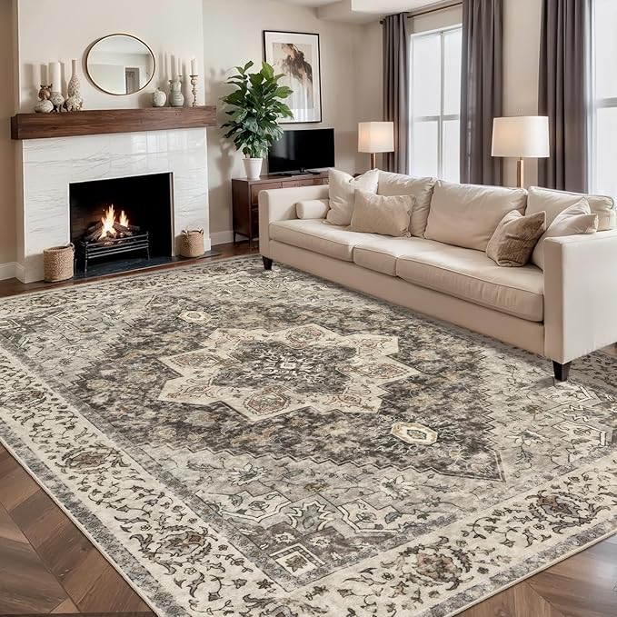 Tangsoo 6x9 Area Rug Washable Rug for Living Room, Vintage Indoor Non Slip Large Area Rugs, Print Distressed Brown Carpet, Soft Low Pile Foldable Floor Rug for Bedroom Dining Room
