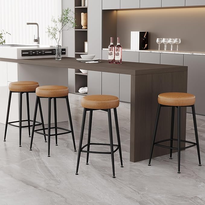 Counter Height Bar Stools, 26" H Backless Bar Stools Set of 4, Upholstered Faux Leather Kitchen Counter Stools, Mid Century Modern, Kitchen Island Home Bar, Pub, Caramel Brown