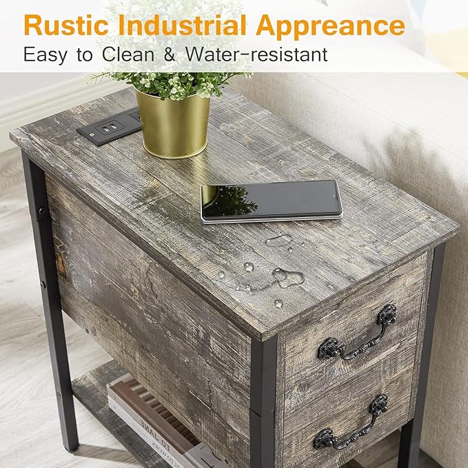 VECELO End Tables,Narrow Nightstands with Charging Station & USB Ports &Drawers,Night Stand for Living Room, Bedroom,Misty Gray