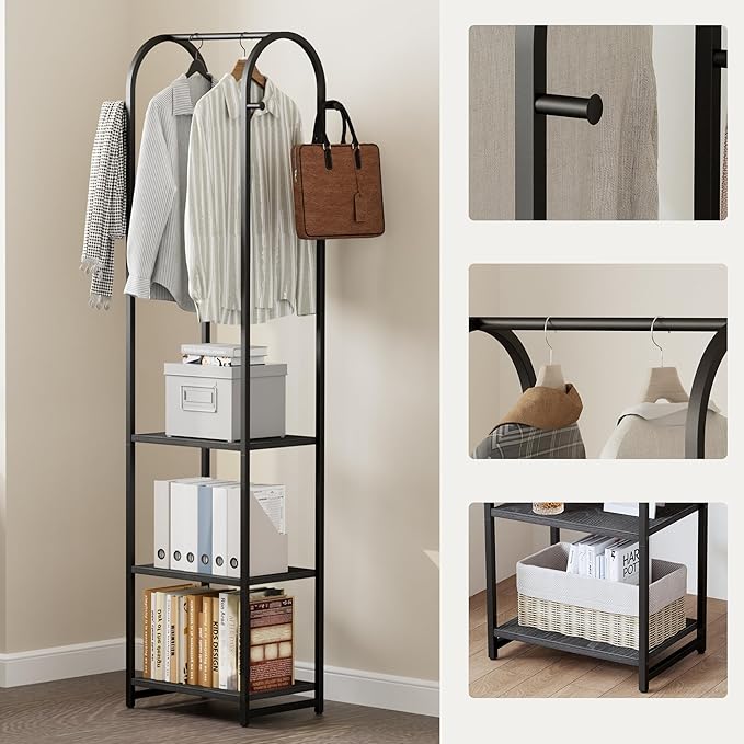 Garment Rack, Coat Rack With 3 Shelves and 4 Hooks, 71" H Clothes Stand For Hanging Clothes, Hanging Rod For for Bedroom, Hallway, Entryway, Office, Living Room, Black