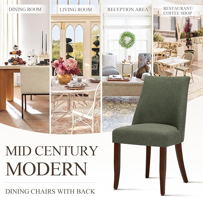 COLAMY Upholstered Dining Chairs Set of 6, Mid Century Modern Kitchen Chairs with Back, Farmhouse Fabric Side Dining Room Chairs with Wood Legs for Dining Room Restaurant, Green