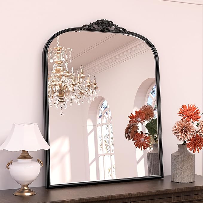 Keonjinn Vintage Arched Wall Mirror 30" x 36", Black Antique Mirrors with Metal Frame, Ornate Baroque Decoration for Mantle, Bathroom, Living Room, Fireplace, French Cleat Mounting