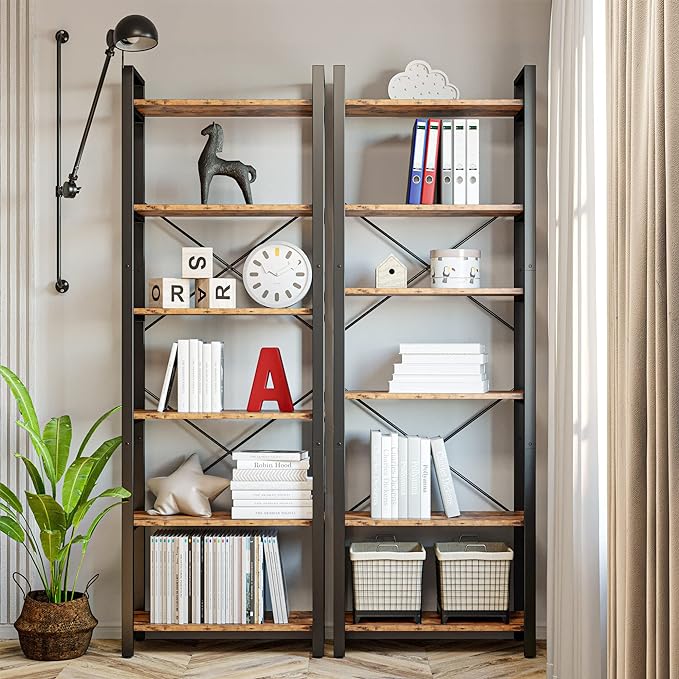 IRONCK Bookshelf 6-Tier Ladder Shelf 110lbs Display Shelf Vintage Industrial Style Bookcase for Home Office, Living Room