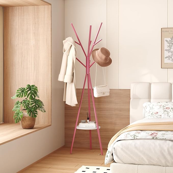 Coat Rack Hat Stand Free Standing Display Hall Tree Metal Hat Hanger Garment Storage Holder with 9 Hooks for Clothes Hats and Scarves (Pink)
