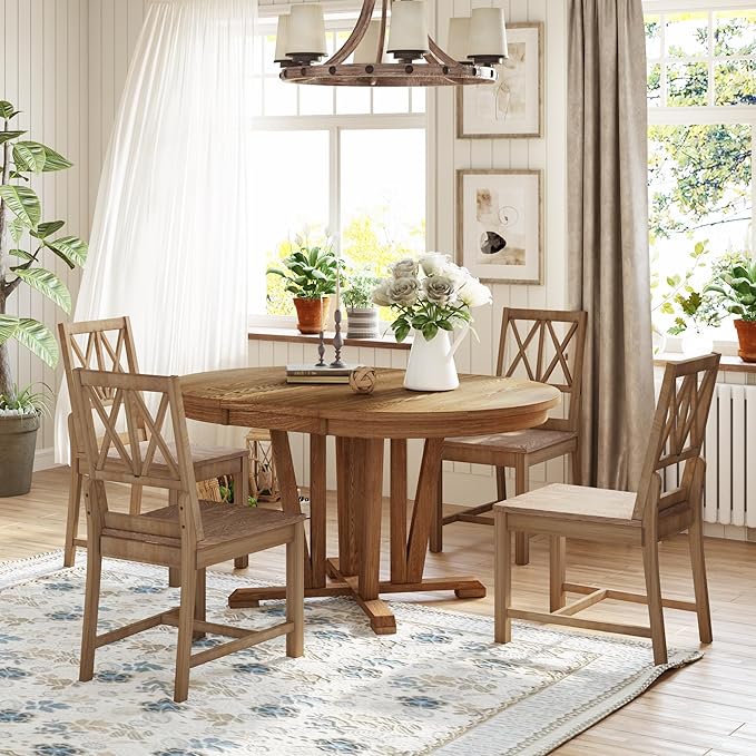Ball & Cast Rustic 5-Piece Extendable Dining Table Set for 4,Round Trestle Table and 4 Cross Back Chairs,15.8" Removable Leaf,Wood Kitchen Sets,Intimate Gatherings or Larger Gatherings,Brown